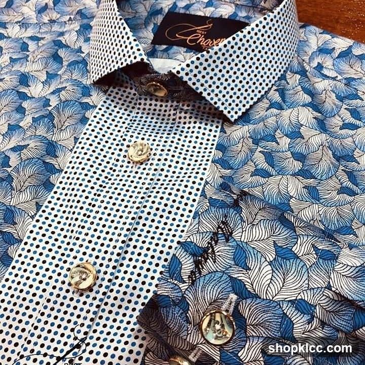 Blue Leaf Patterned Dress Shirt
