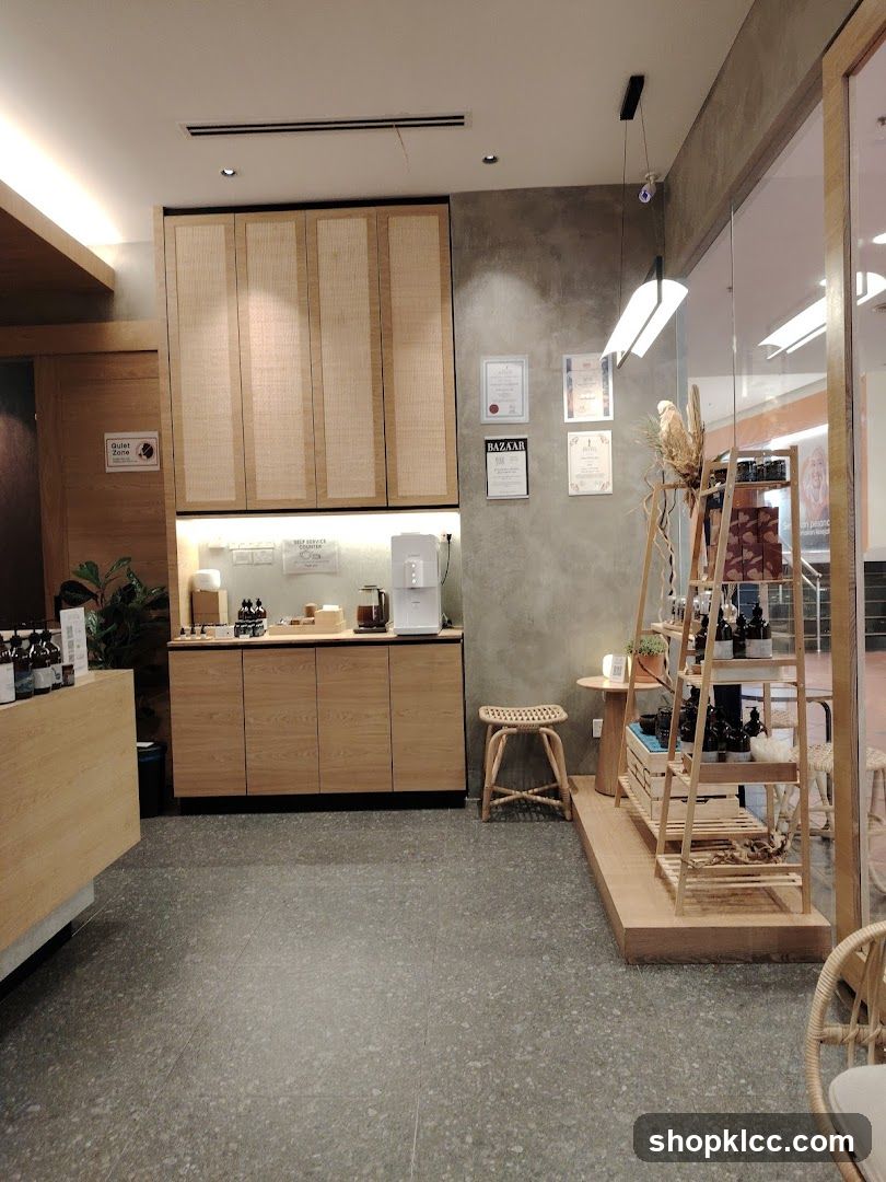 Interior of a store with wooden cabinets and shelves