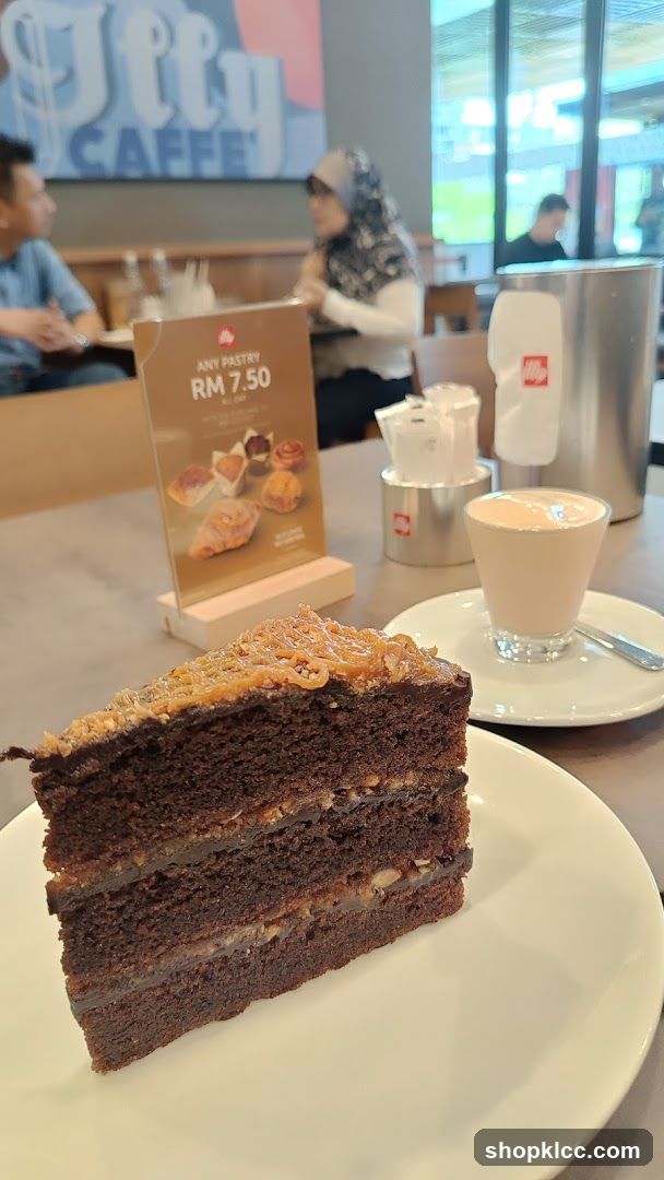 Chocolate cake and coffee at a cafe