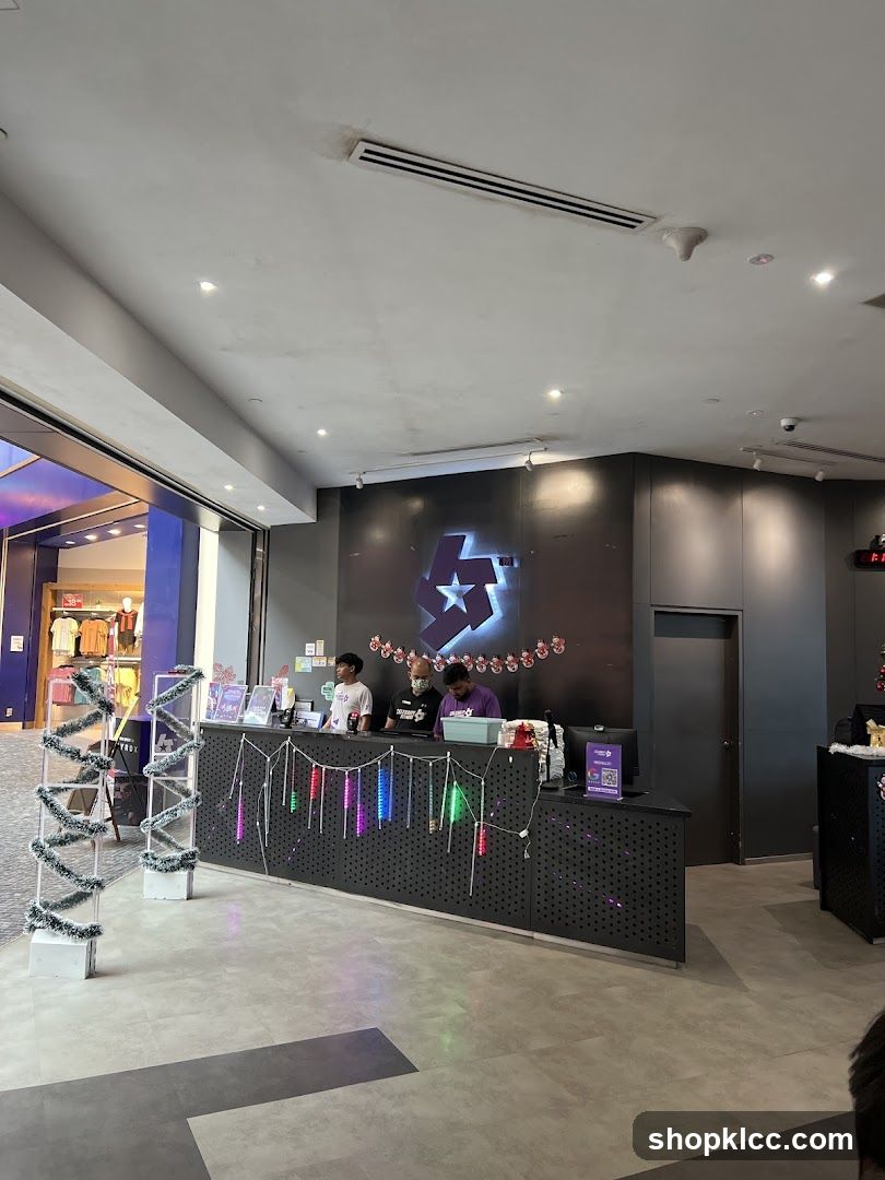 Store counter with staff and Christmas decorations