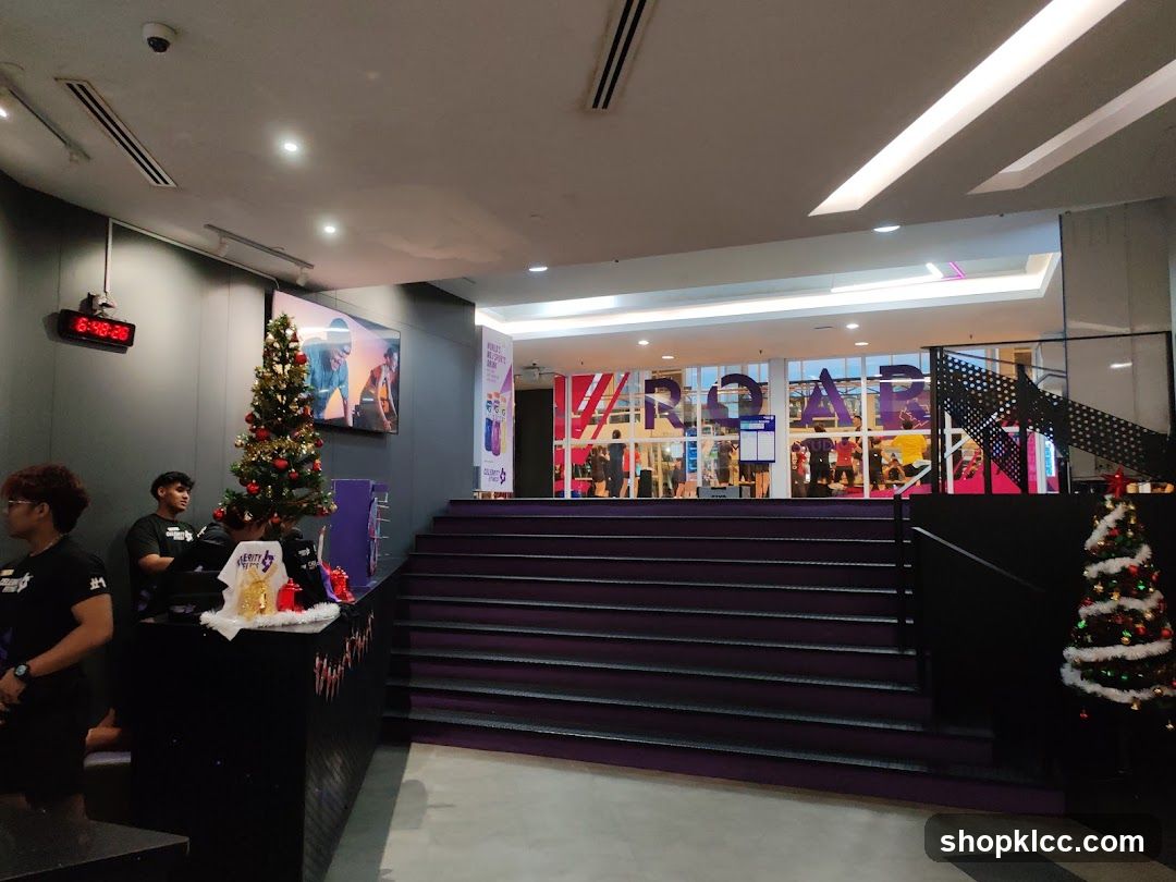 Indoor view of a gym entrance with Christmas decorations
