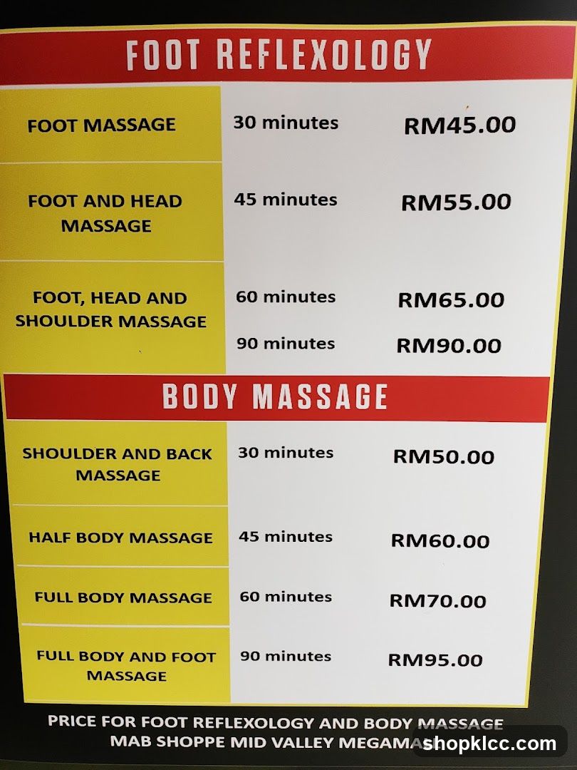 Foot Reflexology and Body Massage Menu