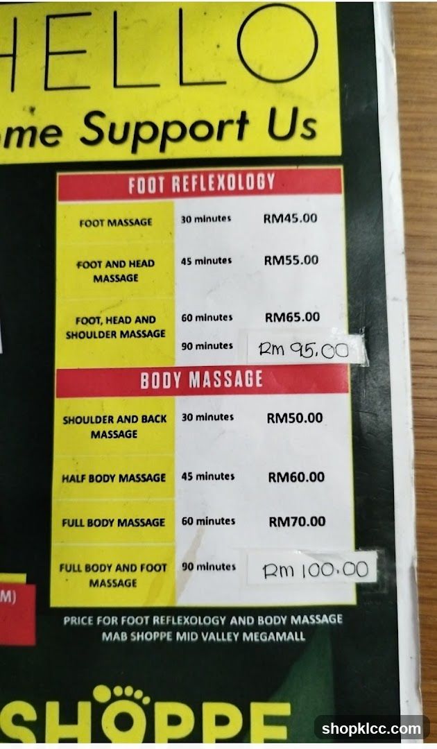 Foot Reflexology and Body Massage Menu