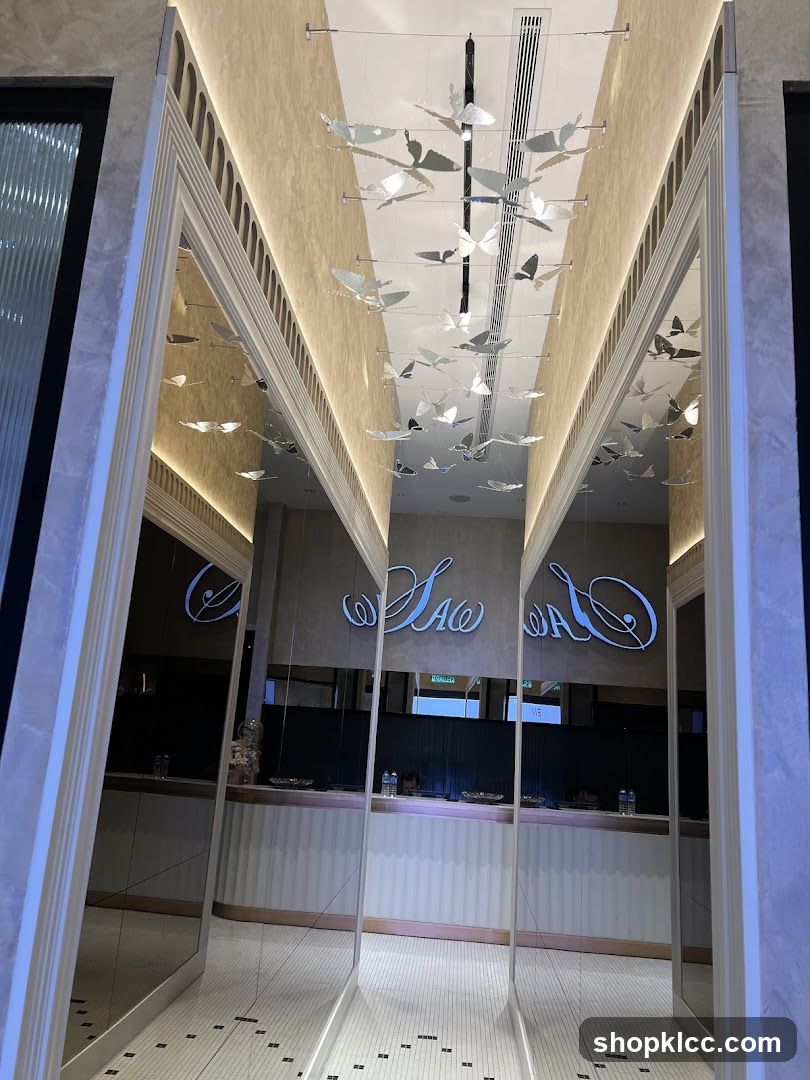 Interior of a reception area with butterfly decor