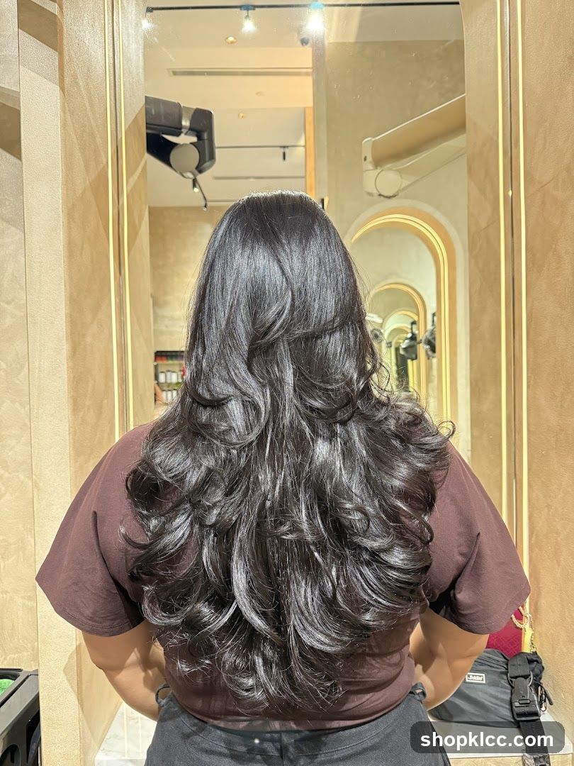 Woman with voluminous, layered dark hair
