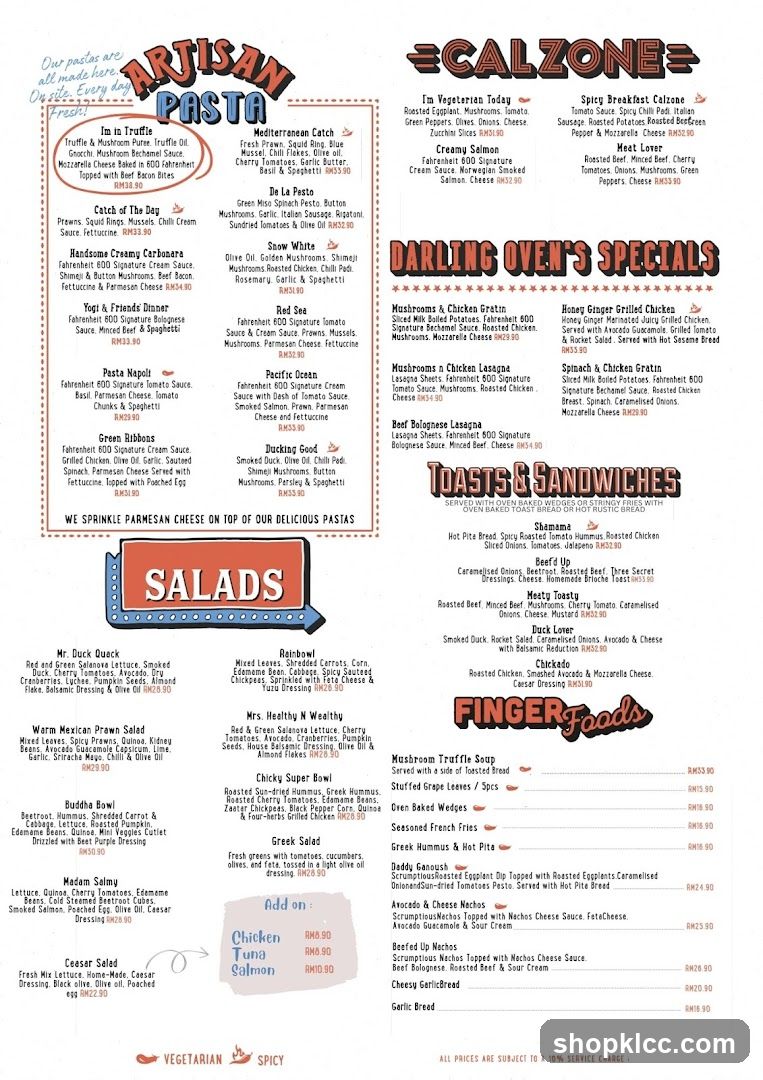 Artisan Pasta, Calzone, Darling Oven's Specials, Toasts & Sandwiches, Finger Foods