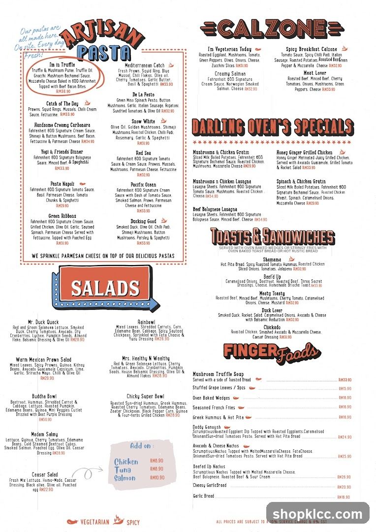 Artisan Pasta, Calzone, Darling Oven's Specials, Salads, Toasts & Sandwiches, Finger Foods