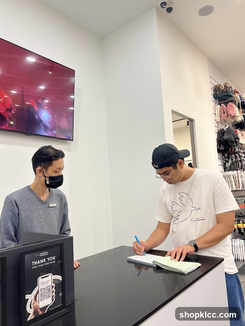 Customer signing a form at a counter