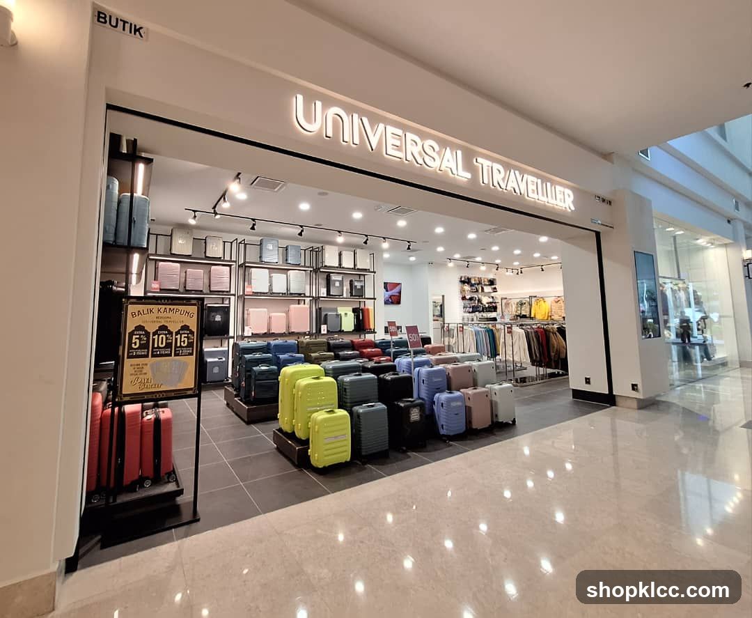 A well-lit store interior with a wide selection of luggage and travel accessories. The store name, "UNIVERSAL TRAVELLER," is prominently displayed in large illuminated letters above the entrance. Various suitcases in different colors and sizes are neatly arranged on shelves and display stands. A promotional sign is visible near the entrance, advertising discounts. The store appears to be located within a shopping mall, with polished floors reflecting the store's lighting.