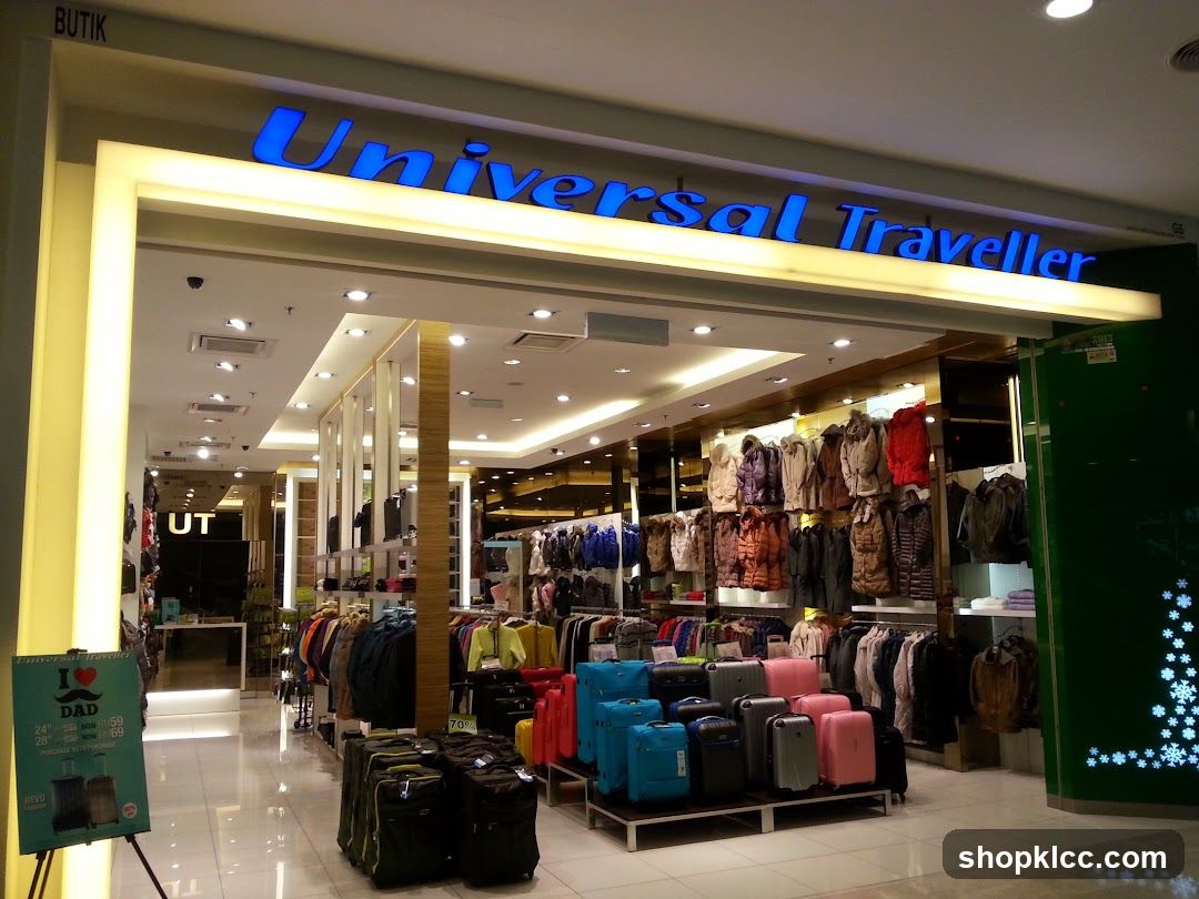 The exterior of a Universal Traveller store, showcasing a wide selection of luggage and outerwear. The store's name is prominently displayed in blue lettering above the entrance. Racks of jackets and coats are visible inside, along with displays of various suitcases in different colors and sizes. A promotional poster for Father's Day is placed near the entrance.