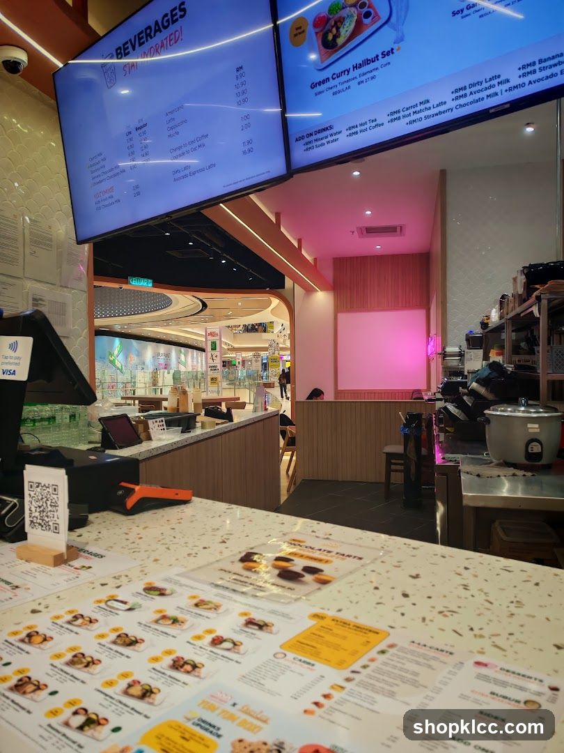Counter with digital menus and printed menus