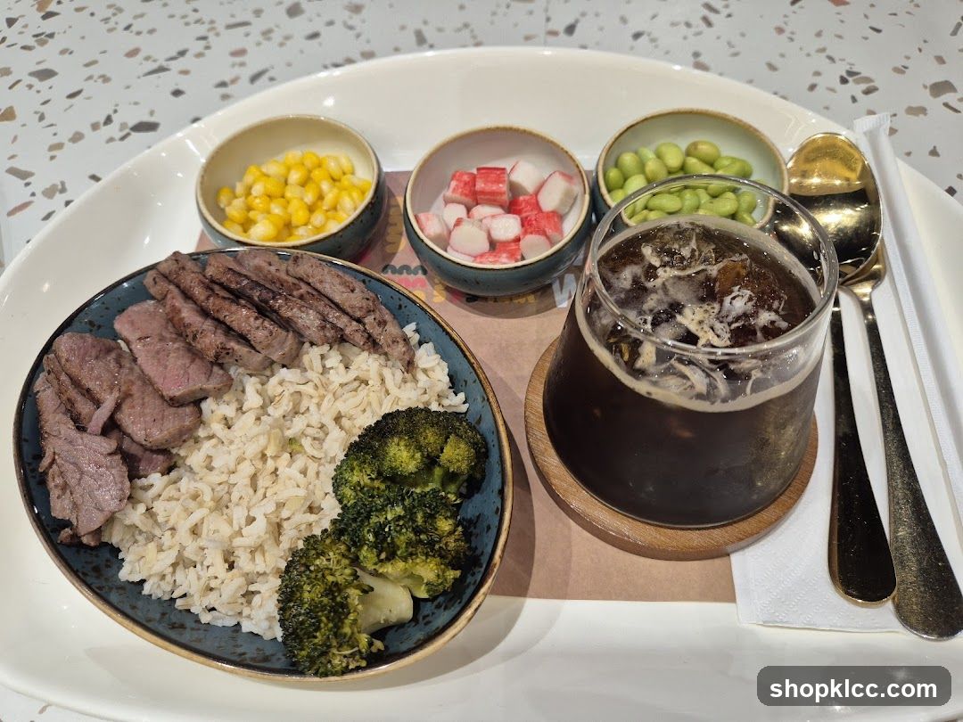 Steak and Rice Bowl with Sides and Drink