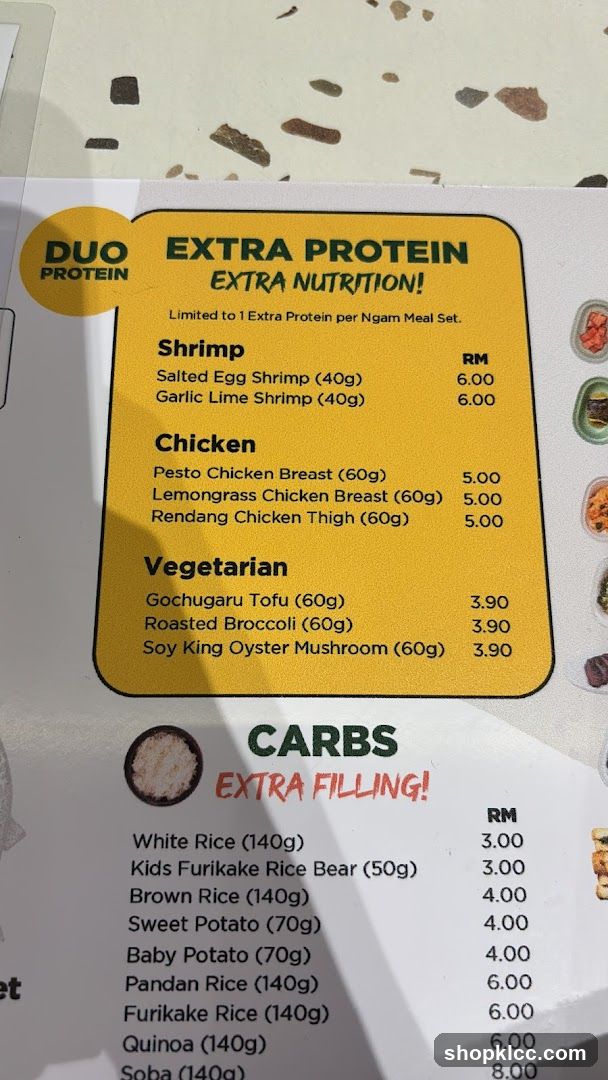 Extra Protein & Carbs Menu