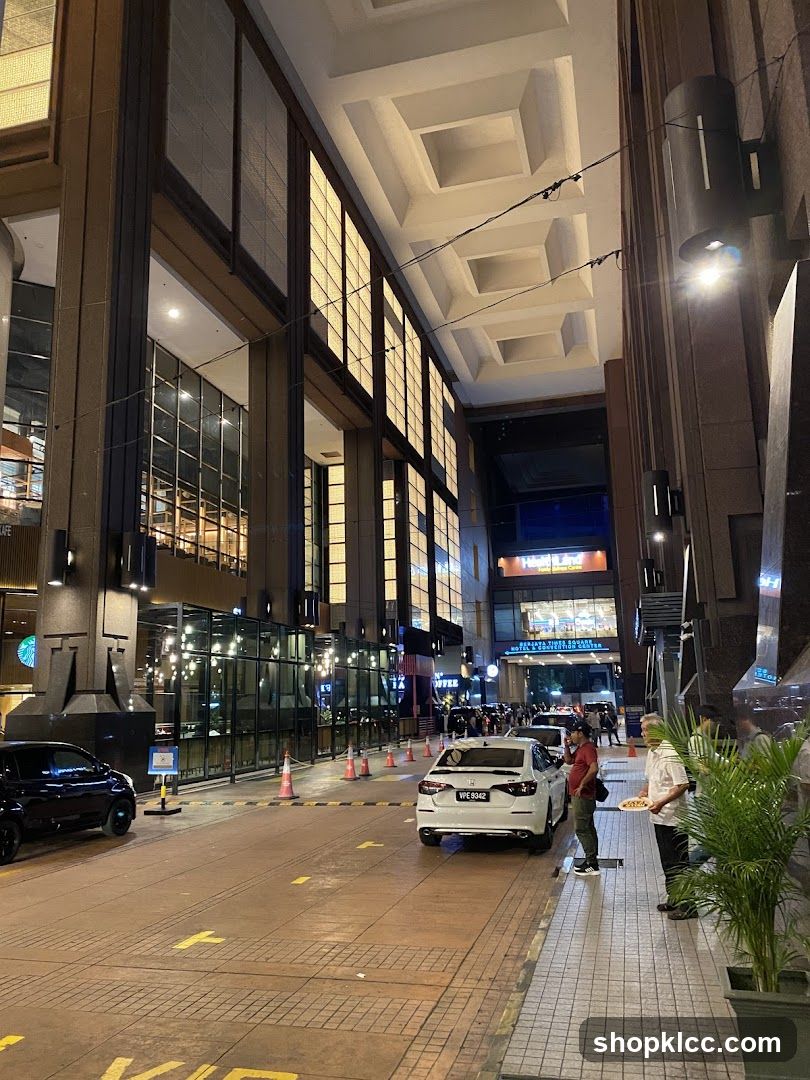 Street view of a modern building at night