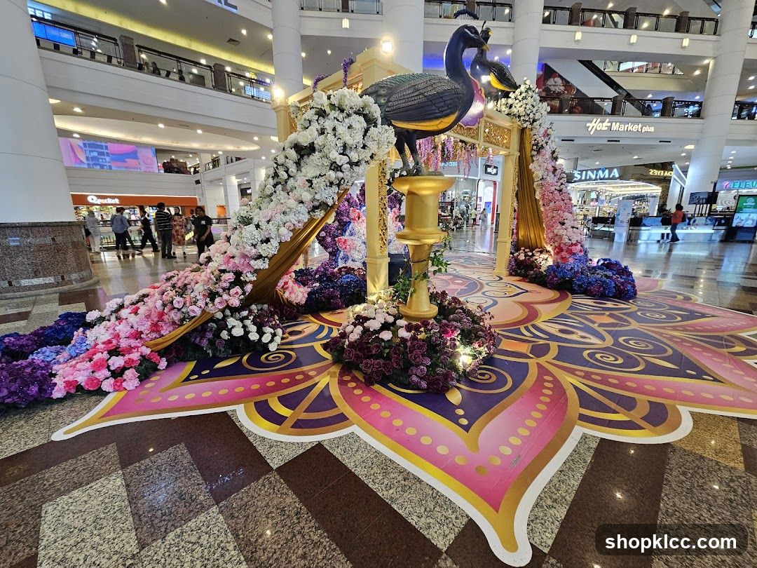 Mall Decoration with Peacock Statues and Flowers