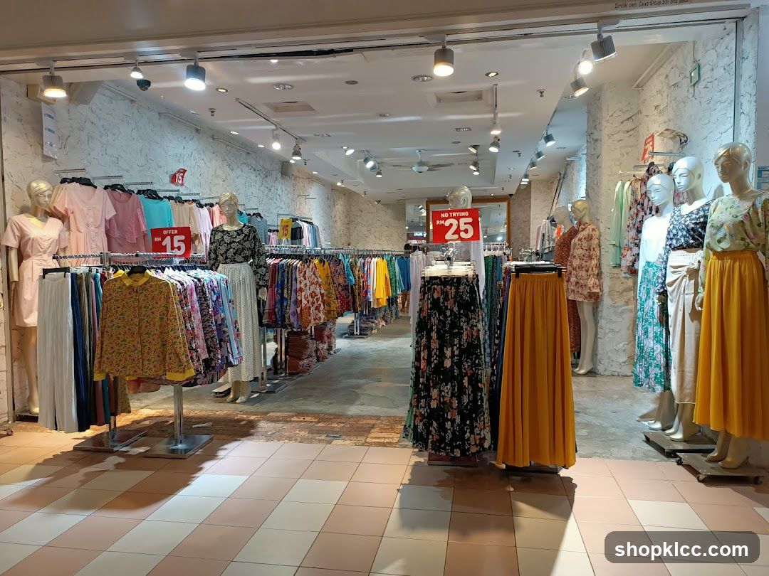 Clothing store interior with mannequins and racks of clothes