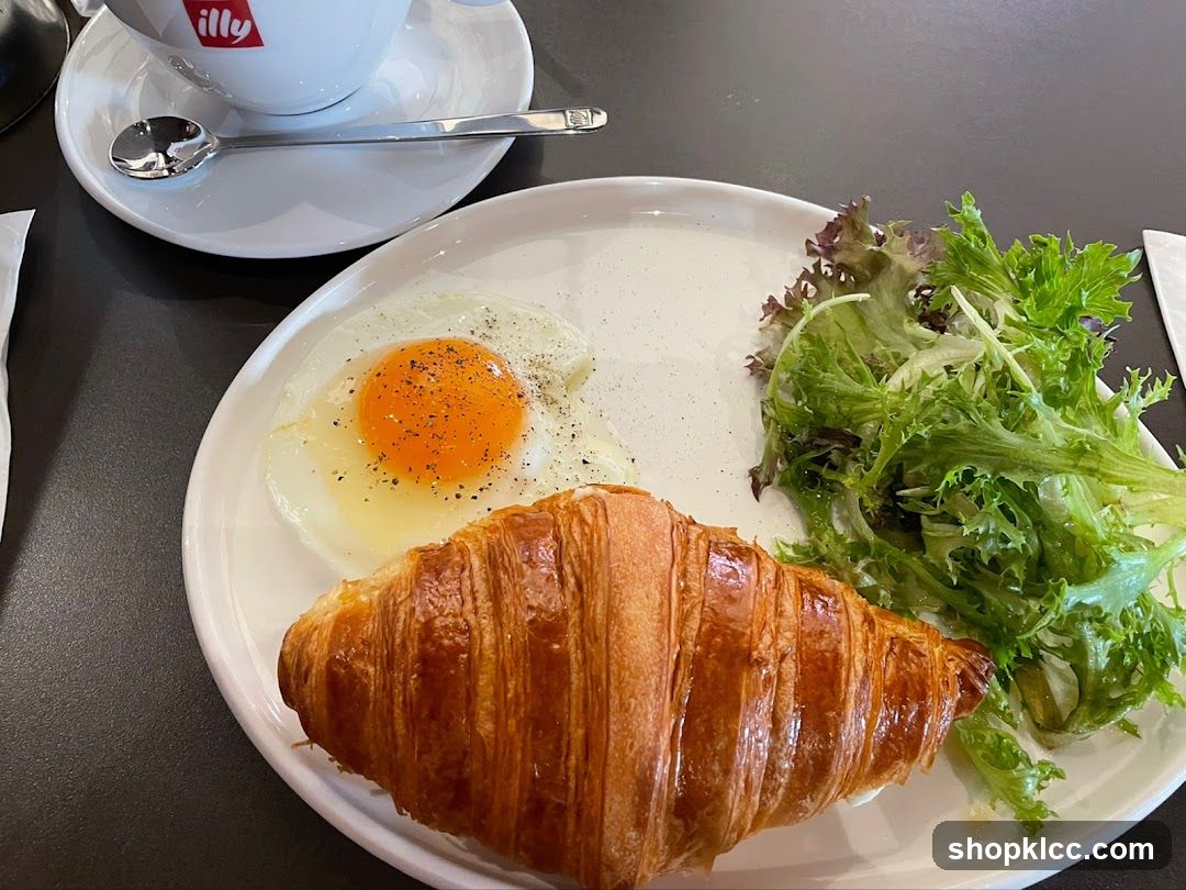 Breakfast Plate with Croissant, Fried Egg, and Salad