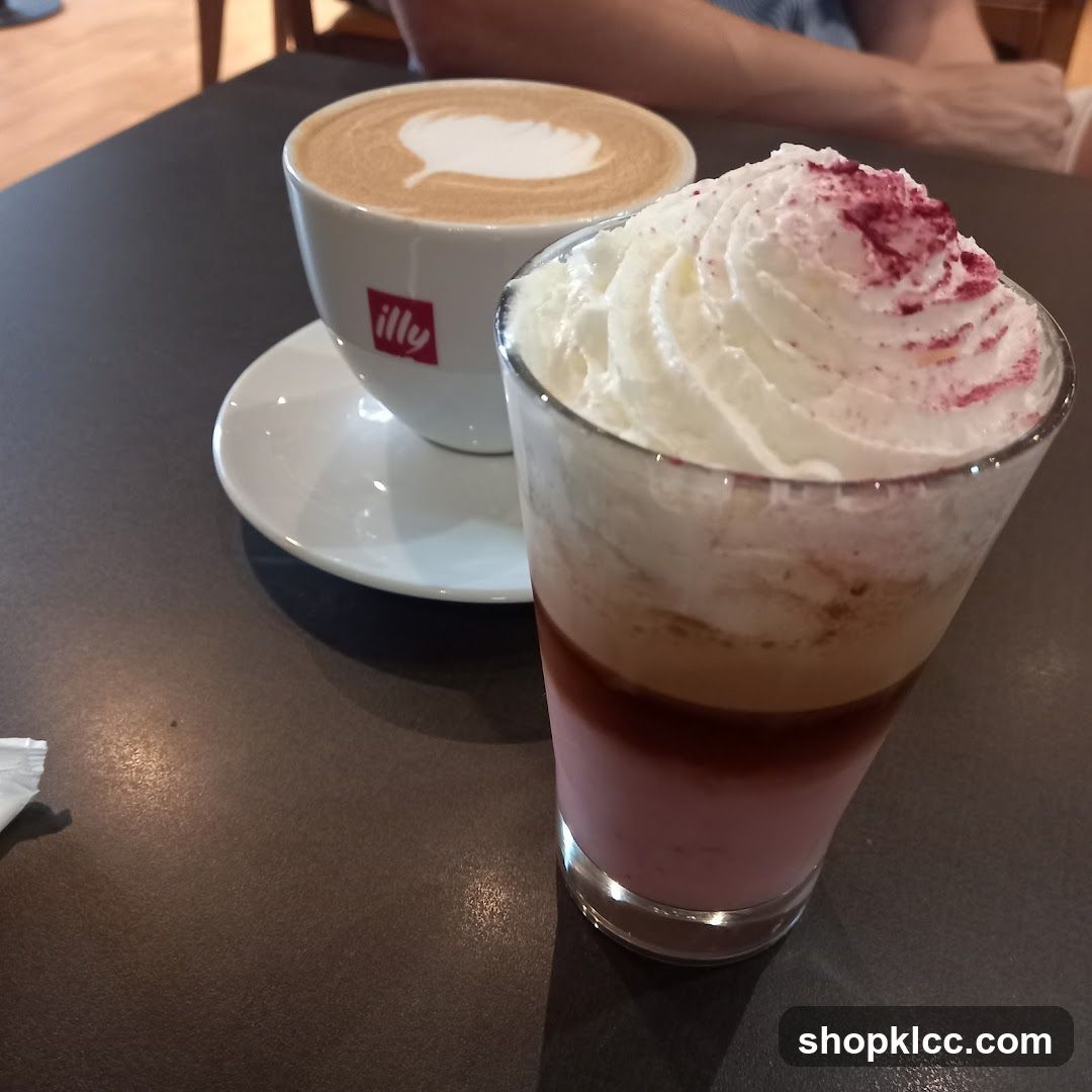 Coffee and layered drink with whipped cream