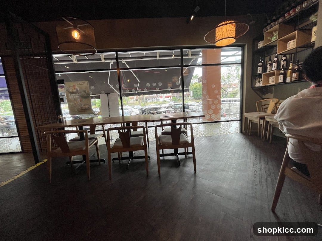 Restaurant Interior with Dining Tables and Shelving