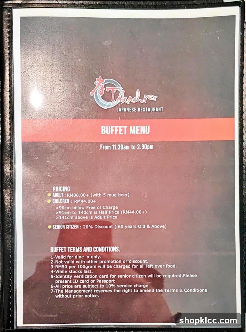 Takachio Japanese Restaurant Buffet Menu