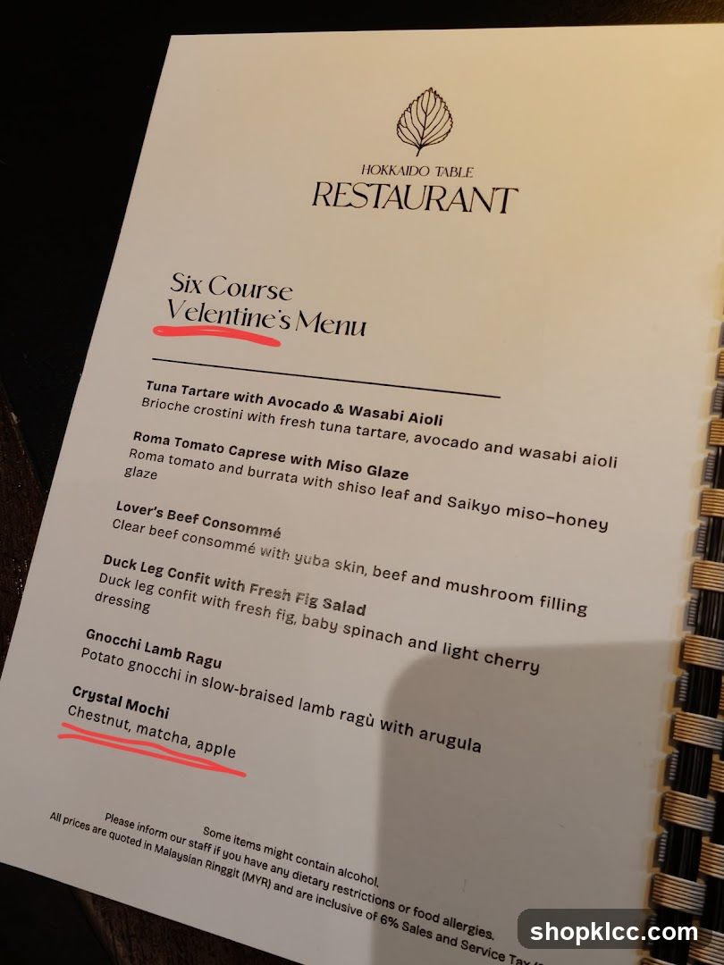 Hokkaido Table Restaurant Six Course Velentine's Menu