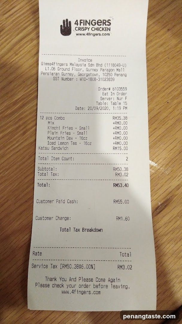 Receipt from 4Fingers Crispy Chicken