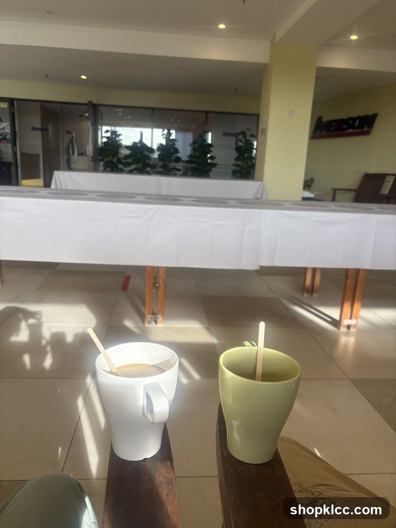 Coffee cups in a lobby area