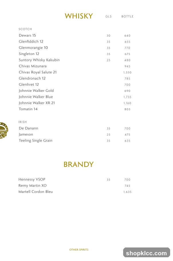 Whisky and Brandy Menu