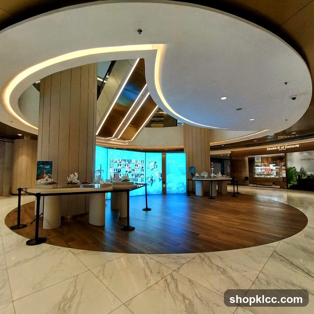 Interior of a modern shopping mall with displays