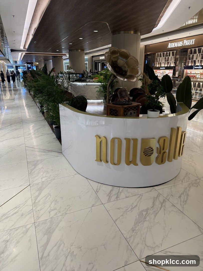 Modern retail interior with plants and signage