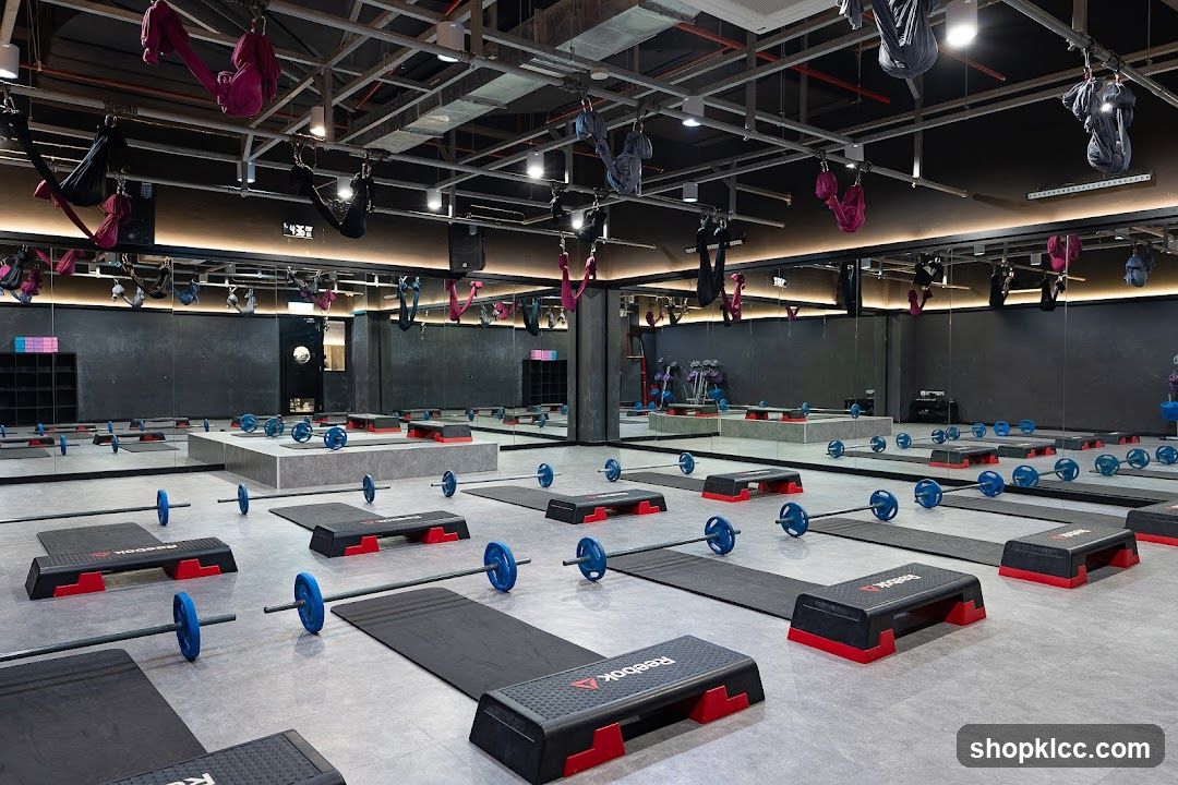 Gym with Aerial Yoga Hammocks and Exercise Equipment