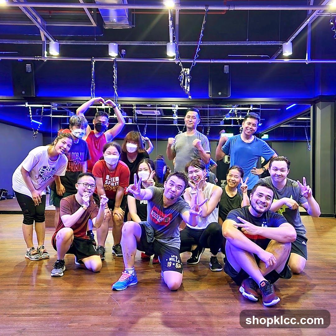 Group posing for a photo in a gym