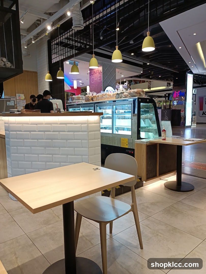 Cafe Interior with Display Cases and Seating