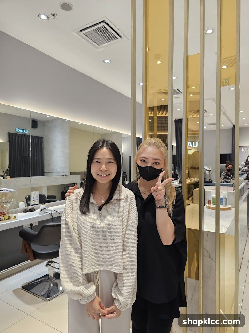 Two women posing in a salon