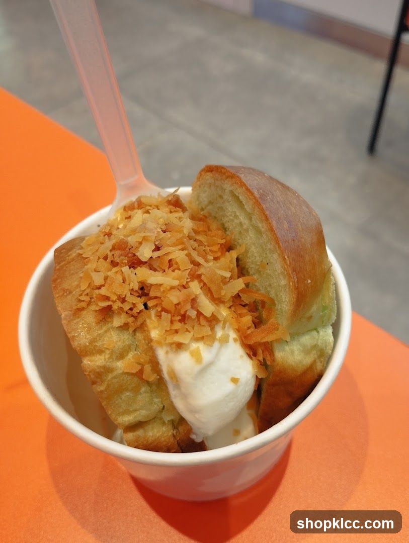 Ice cream dessert with bread and coconut flakes