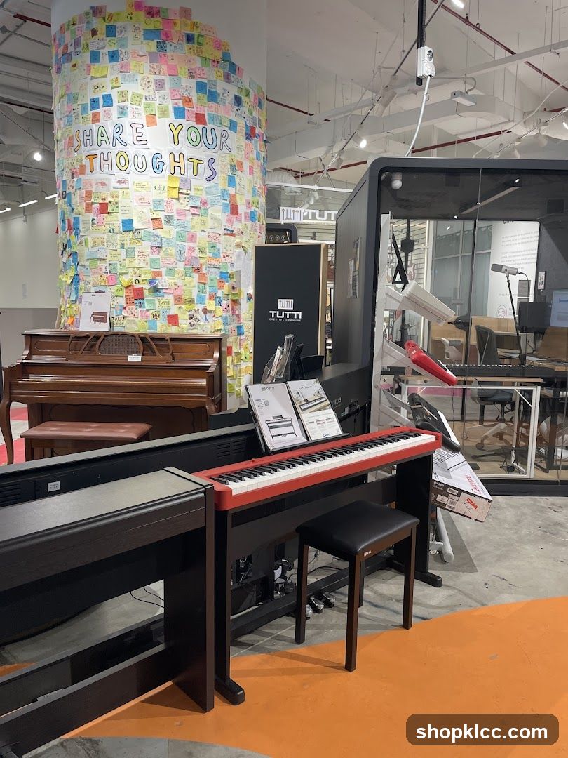 Pianos and a "Share Your Thoughts" display