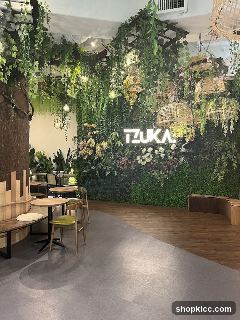 Cafe interior with lush greenery and neon sign