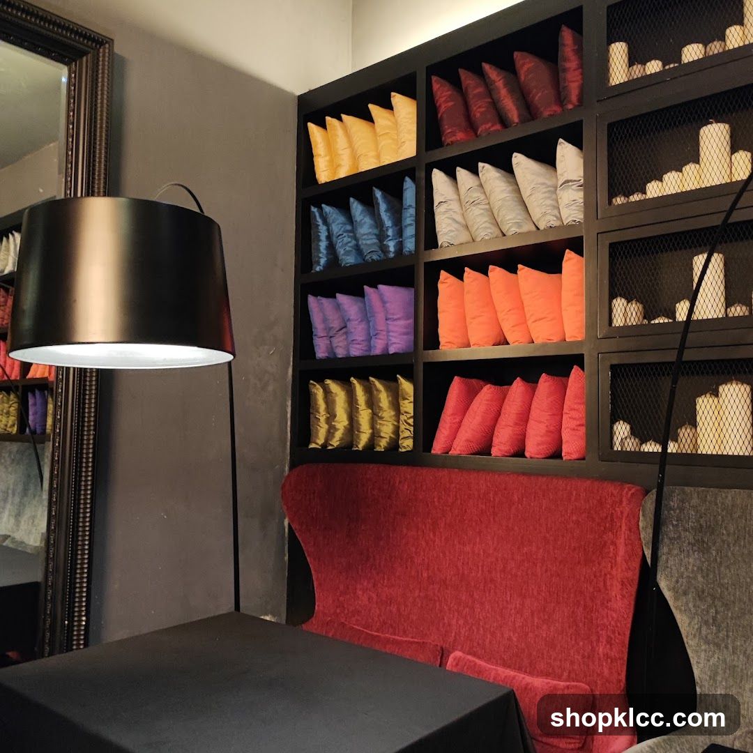Interior seating area with decorative pillows and candles