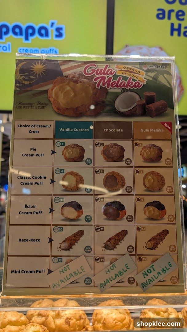 Papa's Cream Puffs Menu