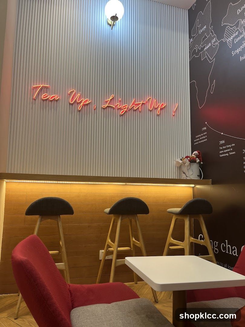 Tea shop interior with neon sign