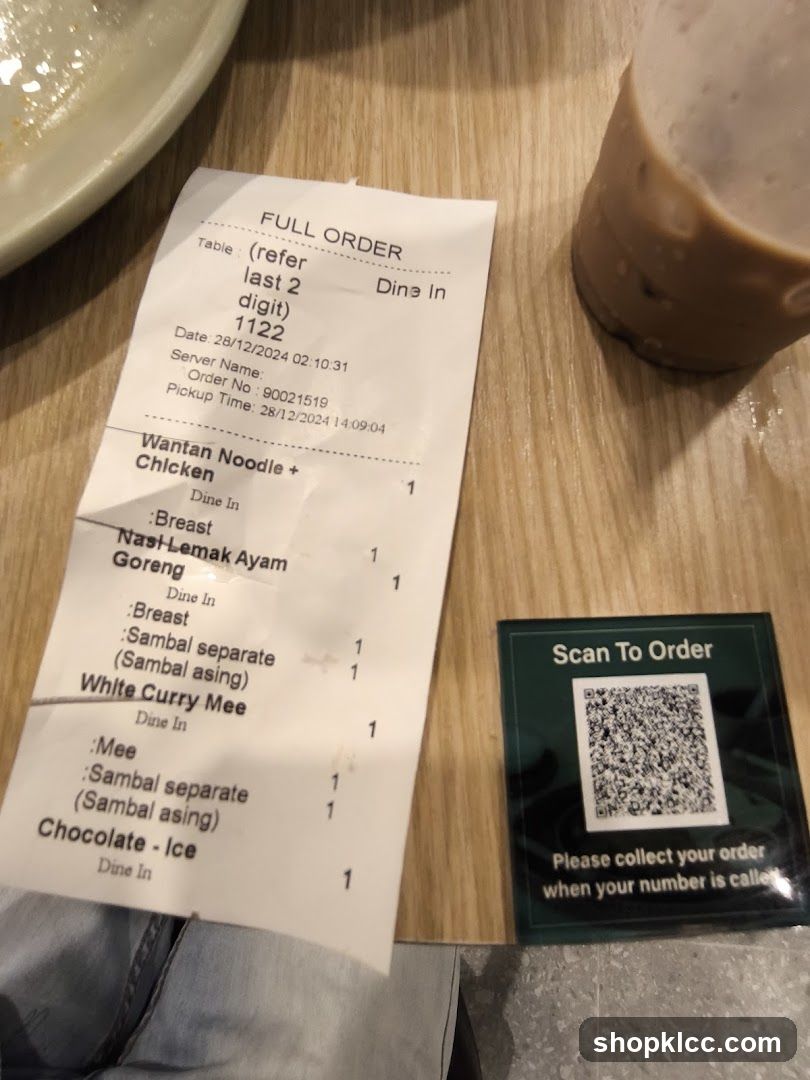 Dine-In Order Receipt and QR Code at Table