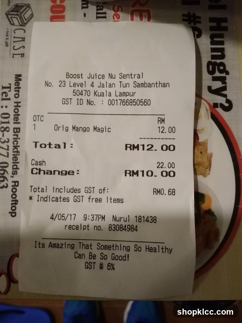 Receipt from Boost Juice Nu Sentral