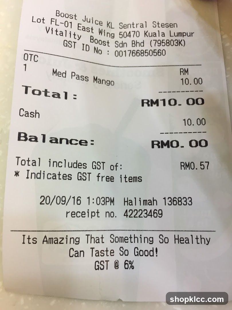 Boost Juice Receipt