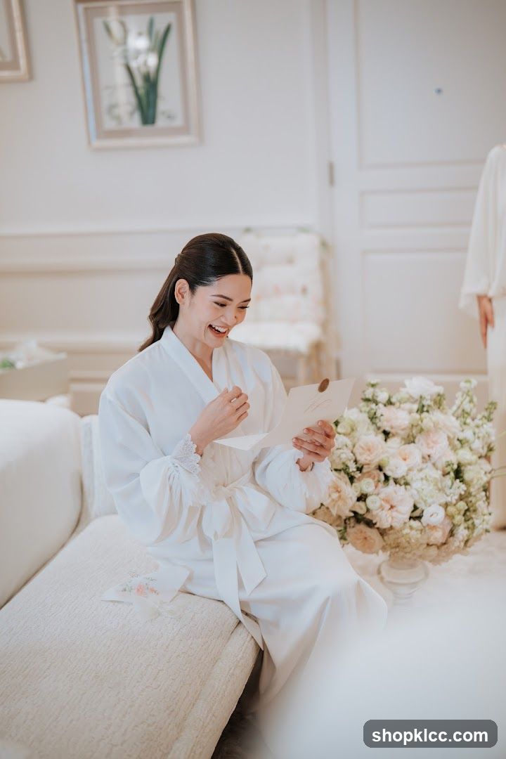 Woman in a robe reading a letter