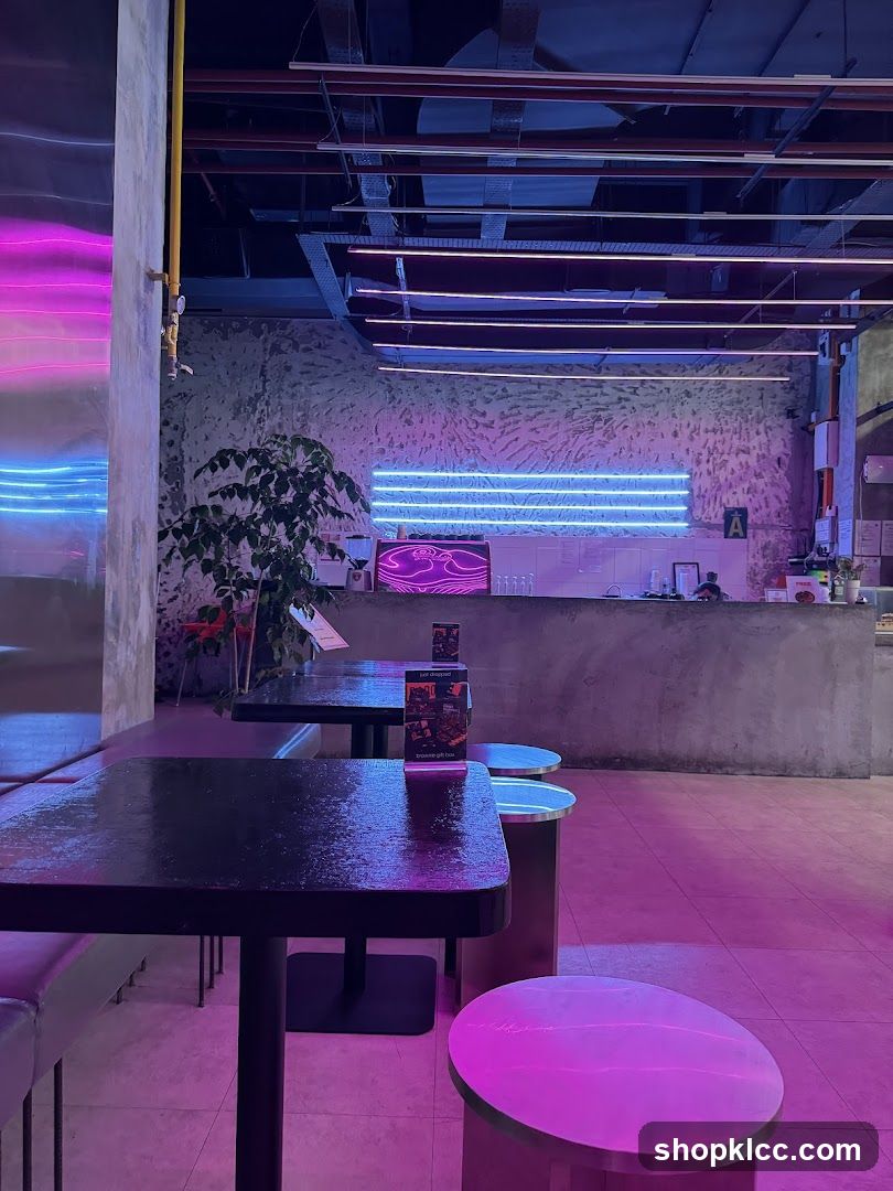 Modern Cafe Interior with Neon Lighting