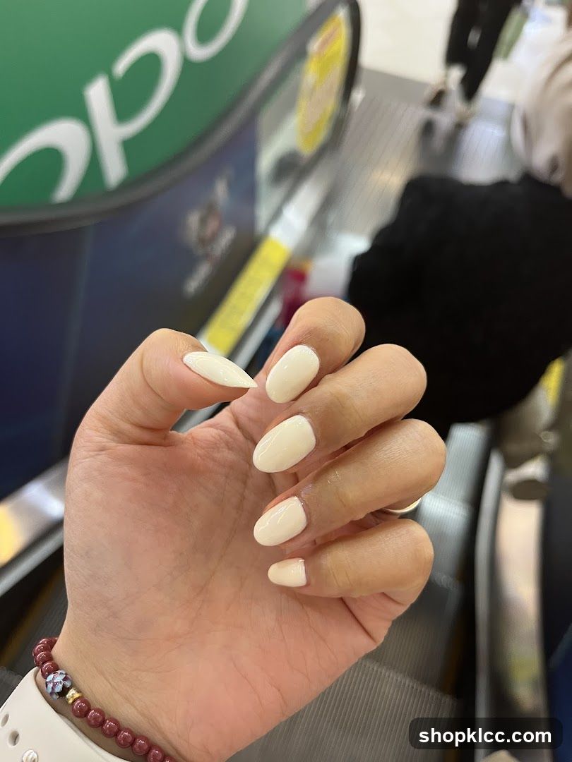 Woman's hand with cream-colored nails