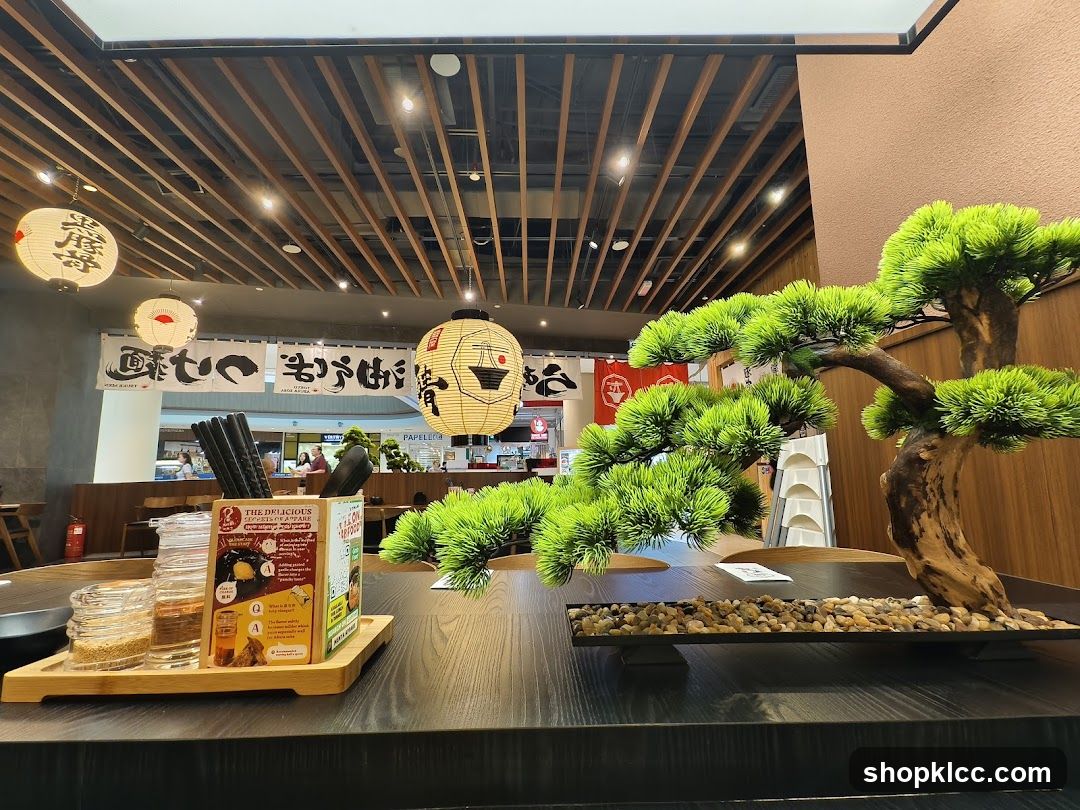 Restaurant Interior with Bonsai and Lanterns