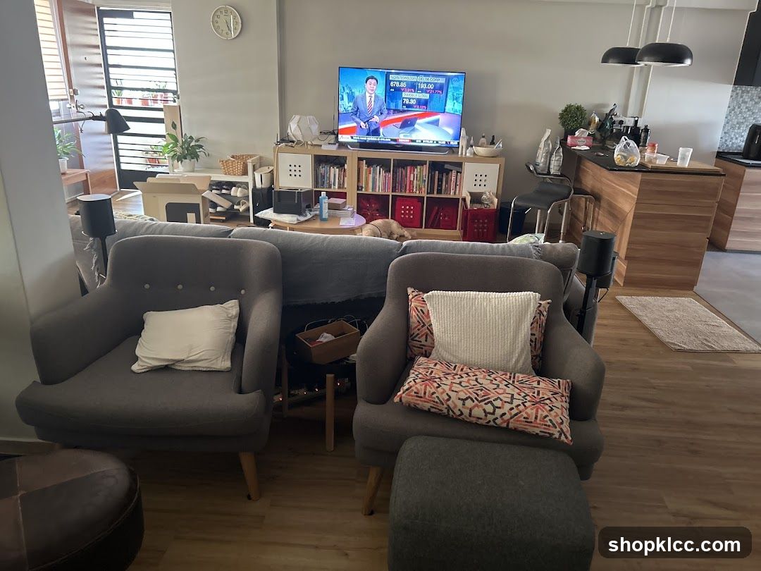 Living Room with TV and Kitchen Area