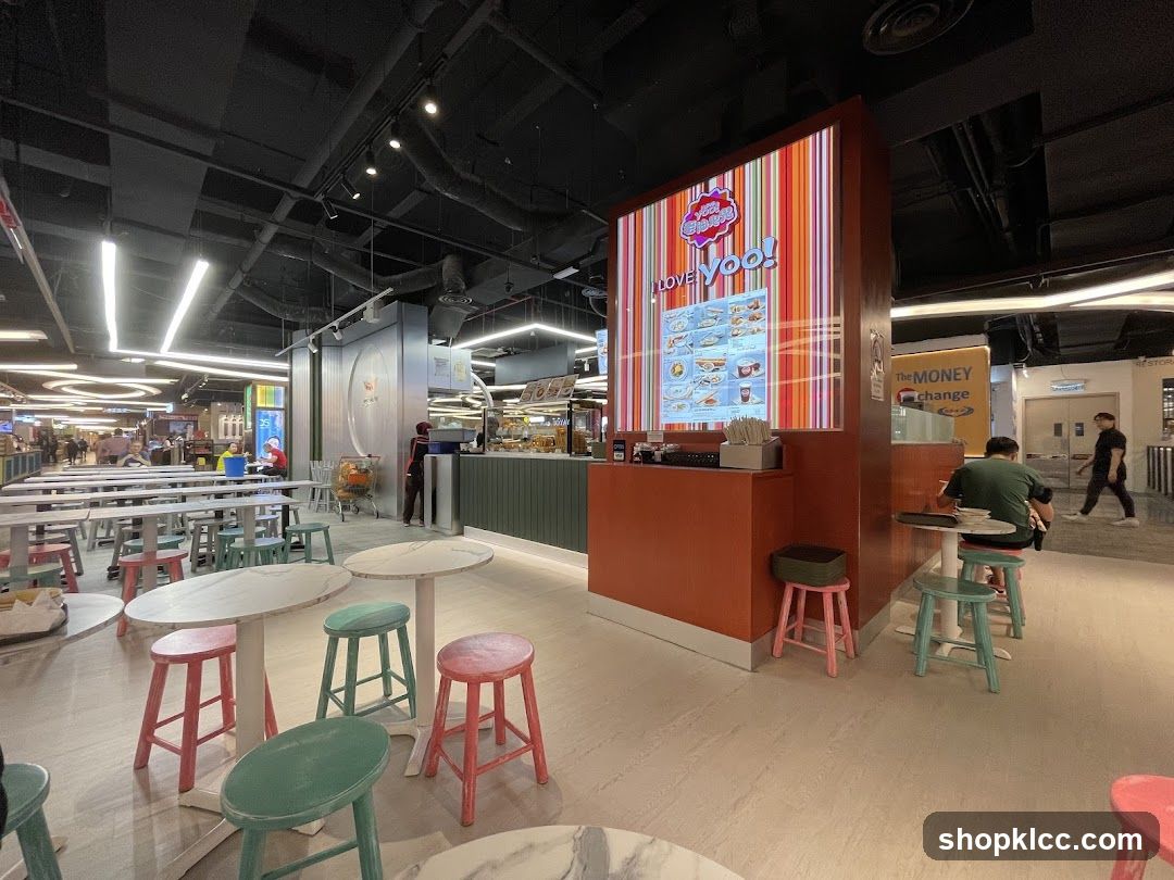 Food stall with digital menu and seating area