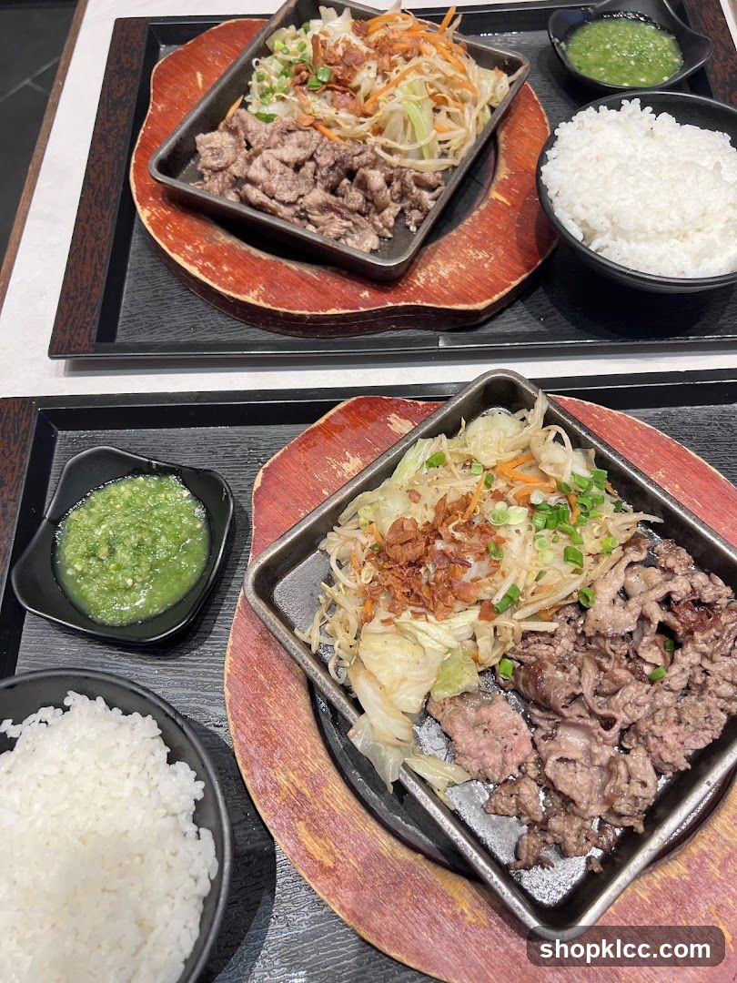 Two Sizzling Plates of Beef and Vegetables with Rice